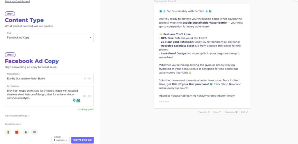 “Prompt used in CopyGenius.io to generate product descriptions for bottles – demonstrating digital marketing application” 