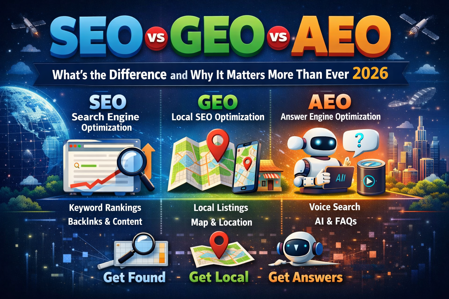 difference between SEO GEO and AEO